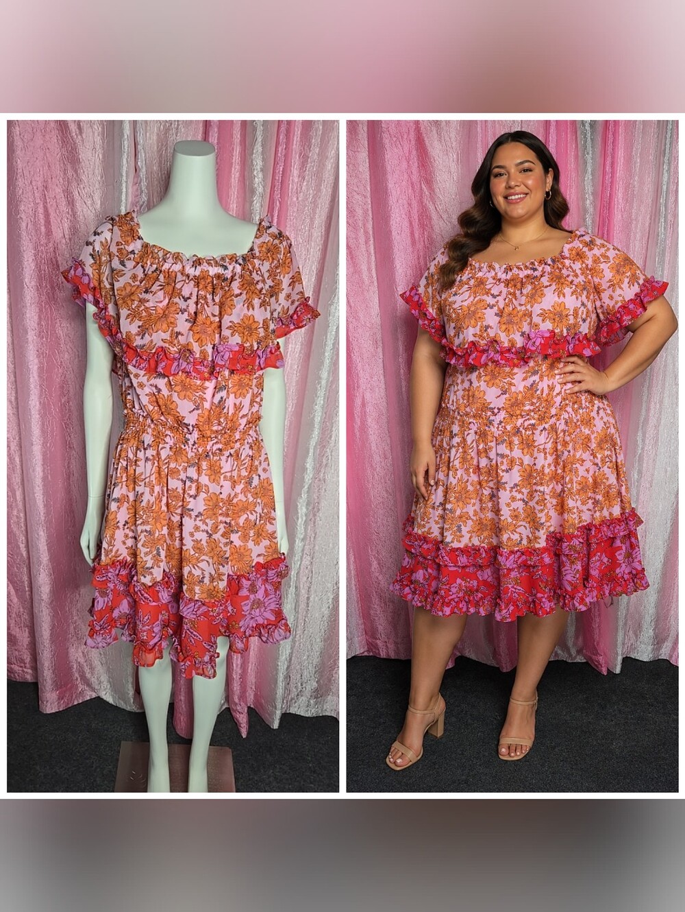 Jessica Simpson Boho Pink Orange Off Shoulder Amelia Ruffles Dress Size 1X
